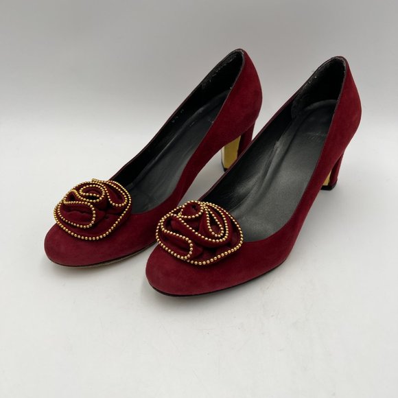 Stuart Weitzman Red Velvet Floral Block Heel Pumps Size 6 1/2 Career Workwear - Picture 4 of 12